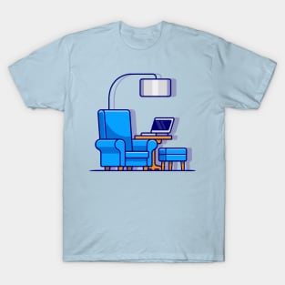 Sofa, Corner Table And Laptop Cartoon T-Shirt